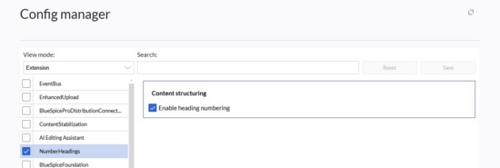 Selected checkbox for the extension NumberHeadings