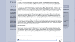 AI Editing dialog with original text about Engineers and a 5 sentence shortened AI version