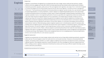 AI dialog shows text about Engineers and its suggestion of a 5 sentence simplified version of the text