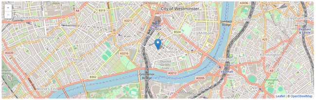 Street view of London with the river Thames and a blue marker in the map center.