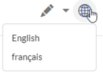 globe icon with submenu links to English and French translations