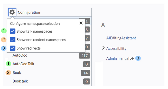 configuration menu with all options selected and corresponding elements highlighted on page