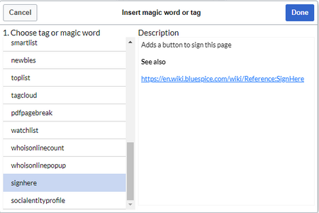 Screenshot of the magic word insert dialog